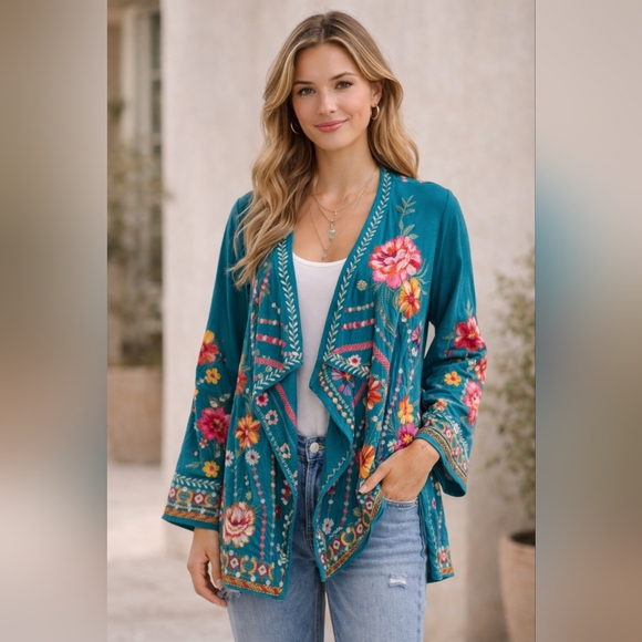 Johnny Was Sweaters - Johnny Was Embroidered Teal Open-Front Jacket Cardigan | Small | NWT